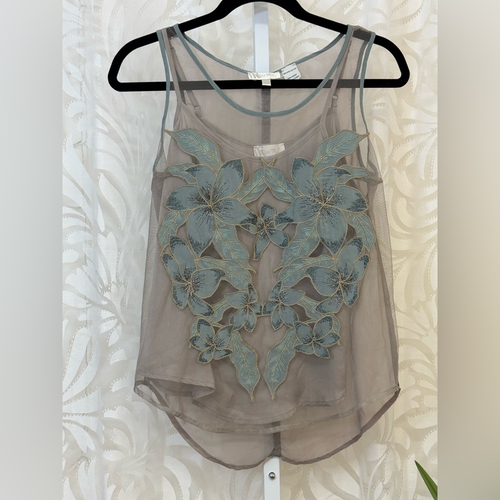 Miss Me Double Tank with Blue Floral Embroidery and Beaded